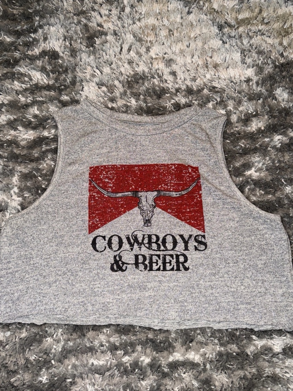 Gray Cropped Tank Top with Red Graphic "Cowboys & Beer"